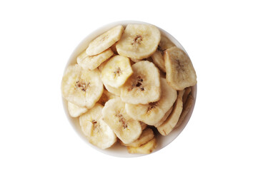 Bowl with sweet banana slices on white background, top view. Dried fruit as healthy snack