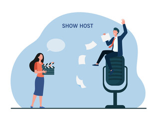 Tiny show host sitting on giant microphone. Interview, television, media flat vector illustration. Entertainment and TV concept for banner, website design or landing web page