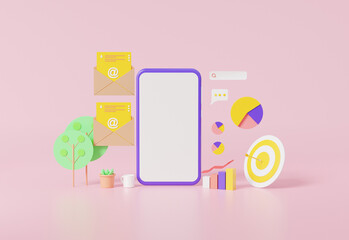 3D rendering digital document Optimization web analytics email marketing development concept with Through smartphone screen blank on pink pastel. Composition template Advertising illustration