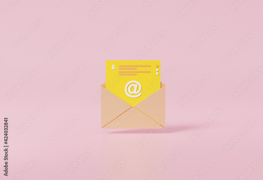 Poster 3d rendering digital document email marketing icon minimal style floating on pink pastel. compositio