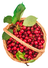 Red sweet cherry in a wicker basket isolated on white background .Top view