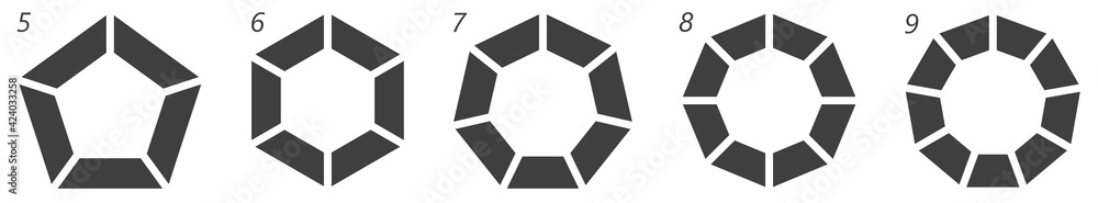 Poster polygons with different number of edges separated into equal parts segments - simple infographics or