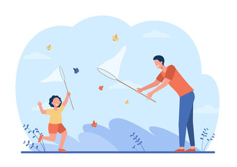 Cheerful dad and girl catching butterflies. Insect, net, holiday flat vector illustration. Family and weekend concept for banner, website design or landing web page
