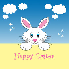 An illustration of a peeking cute white Easter bunny with the message Happy Easter.