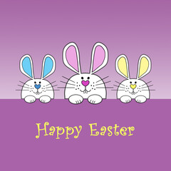 An illustration of three cute peeking white Easter bunnies with the message Happy Easter.