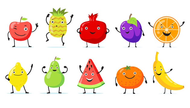 Set of happy fruit cartoon characters flat vector illustration. Vintage funny poster design with tropical lemon, pineapple, watermelon, pear, orange, apple, banana personages. Animation, food concept