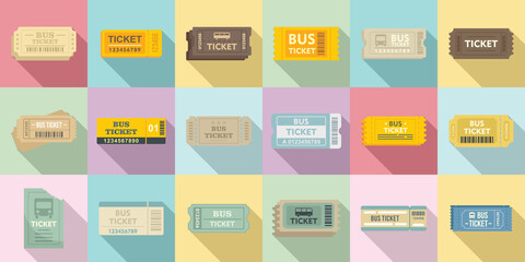 Bus ticketing icons set, flat style