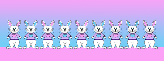 A cartoon illustration of a row of white Easter bunnies.