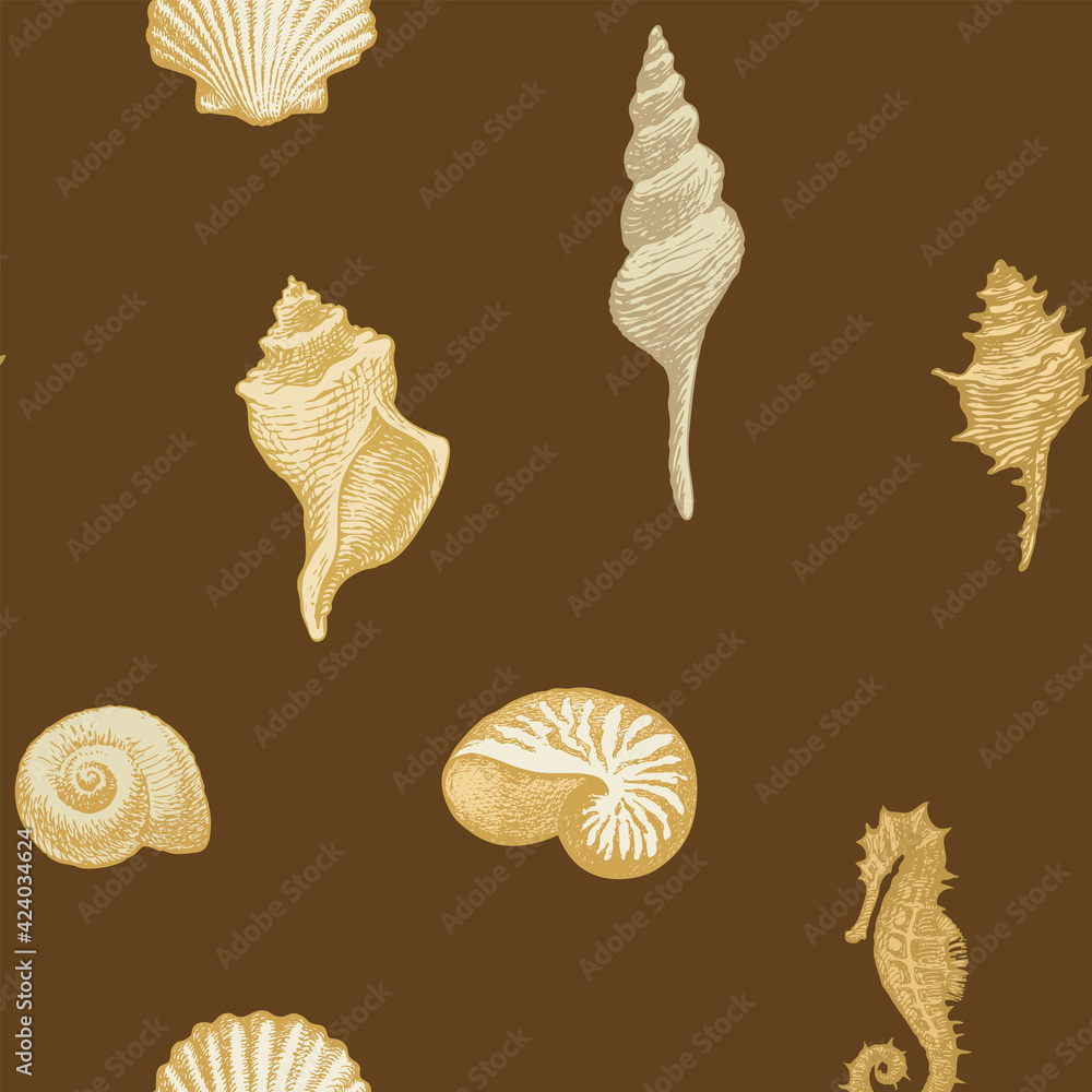 Poster seamless pattern with beautiful hand-drawn seashells of various shapes. repeating vector illustratio