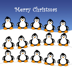 An illustration of three rows of cute cartoon baby penguins sitting in the snow with the message Merry Christmas