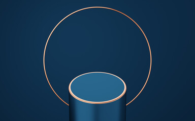 Empty blue cylinder podium with gold border and copper circle on blue background. Abstract minimal studio 3d geometric shape object. Mockup space for display of product design. 3d rendering.