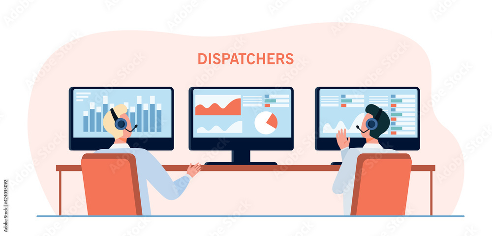 Wall mural two dispatchers watching graphs on screen. computer, network, internet flat vector illustration. sta