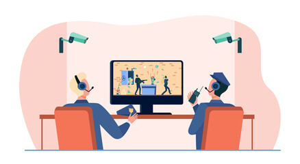 Security guards watching robbery on CCTV. Camera, thief, bank flat vector illustration. Crime and protection concept for banner, website design or landing web page