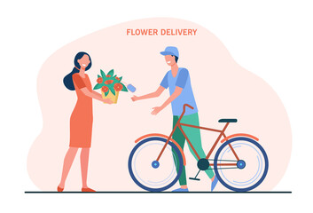 Happy woman getting flowers from courier. Gift, bicycle, pot flat vector illustration. Delivery service and plants concept for banner, website design or landing web page