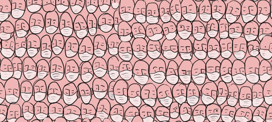 Crowd of people faces in medical mask, pattern wide background 