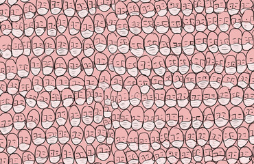 Crowd of people faces in medical mask, pattern wide background 