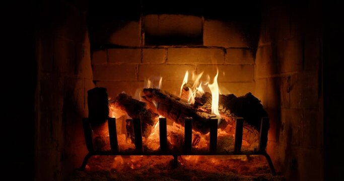 Cabin fireplace burning, close up