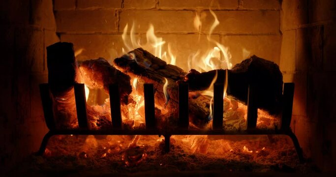 Warm fireplace burning, close up
