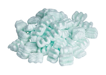 Green polystyrene foam chips isolated on a white background with clipping path. E shape packaging...