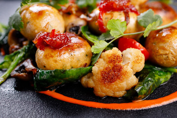 Grilled vegetables mix garnish, tasty vegan food