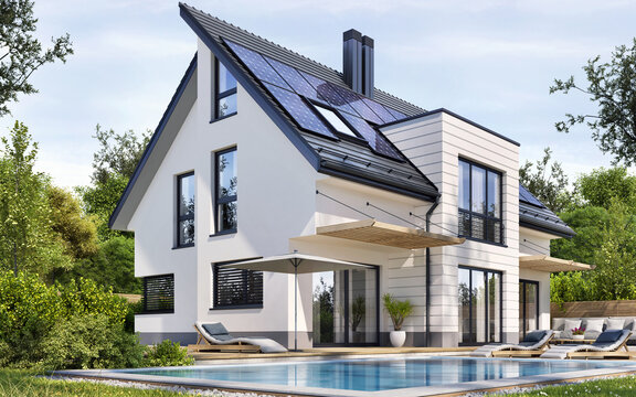 Beautiful white house with pool and solar panels