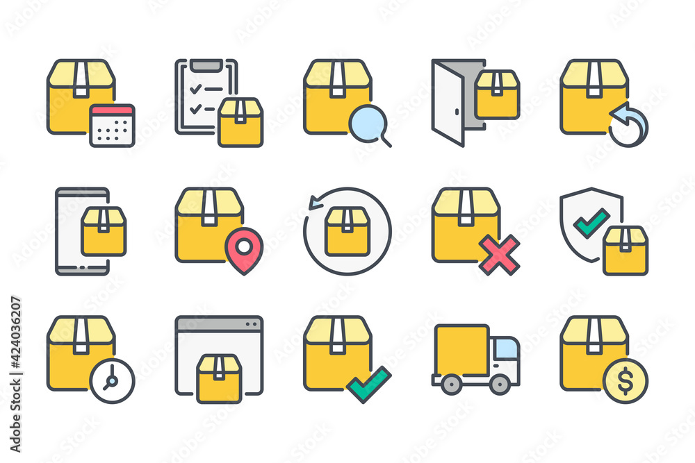 Poster delivery service and shipping color line icon set. package transportation and logistics linear icons