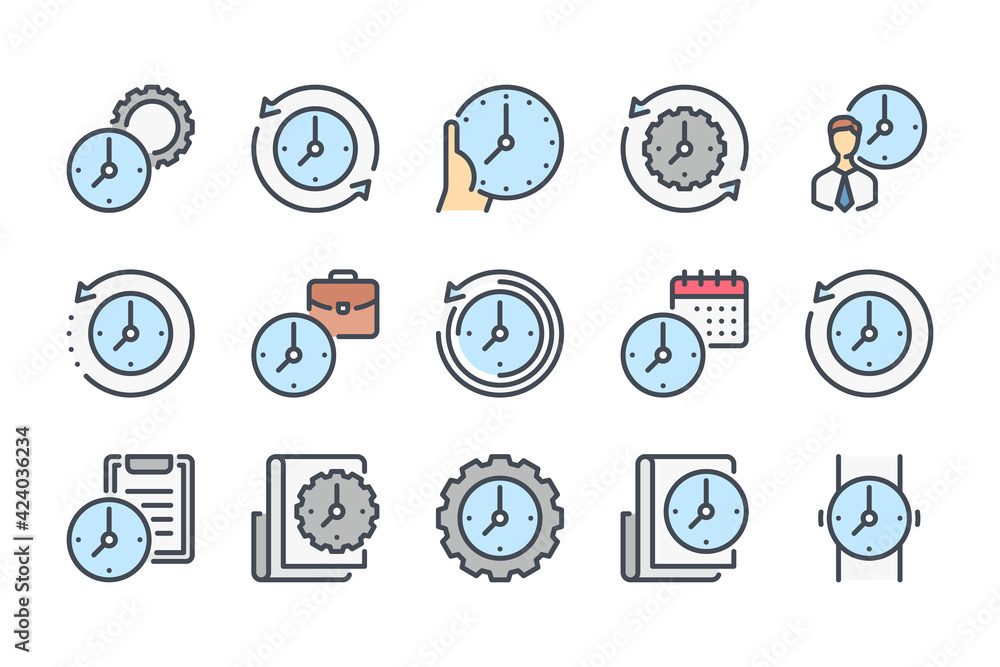 Poster time management and measurement color line icon set. work time and clock manage linear icons. watch 