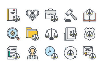 Law and justice color line icon set. Judgement and Lawyer linear icons. Court of law and judge colorful outline vector sign collection.
