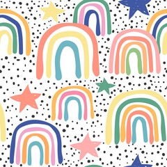 Seamless cute pattern for kids, children. Rainbow and stars background. Scandinavian style for fabric, wallpaper, clothes, swaddles, apparel, planner, sticker.