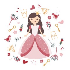 Set with cute little princess with a bird, a crown, a heart. Cartoon vector illustration for children. Isolated on white.