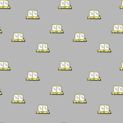 Vector seamless pattern with cute yellow cars doodle style on gray background, children's illustration for postcards, posters, toys, pajamas