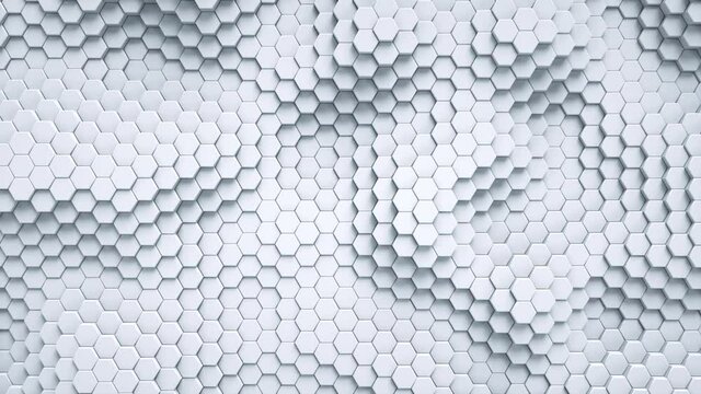 White hexagonal shapes move randomly. Frontal view. Background for your design. 3D rendering. 