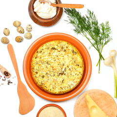Vegetable casserole and ingredients isolated on white .View from above.