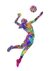 Naklejka na ściany i meble Volleyball Player Girl watercolor art, abstract painting. sport art print, watercolor illustration rainbow, colorful, decoration wall art.