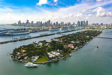 Beautiful Island, cruise ships and downtown Miami in the background