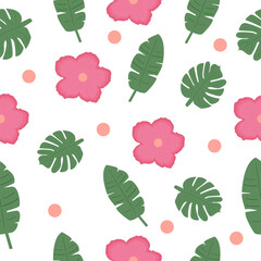 Pattern with green palm leaves and hibiscus flowers. Vector illustration