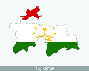 Tajikistan Flag Map. Map of the Republic of Tajikistan with the Tajik national flag isolated on a white background. Vector Illustration.
