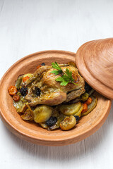 Traditional homemade chicken tajin stew with potatoes