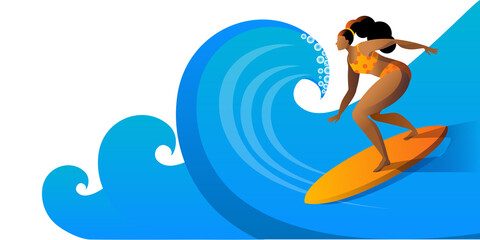 A girl in a swimsuit is surfing on a board. Horizontal banner template.