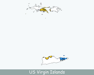 US Virgin Islands Map Flag. Map of VI, USA with flag isolated on a white background. Unincorporated and organized U.S. territory. Vector illustration.