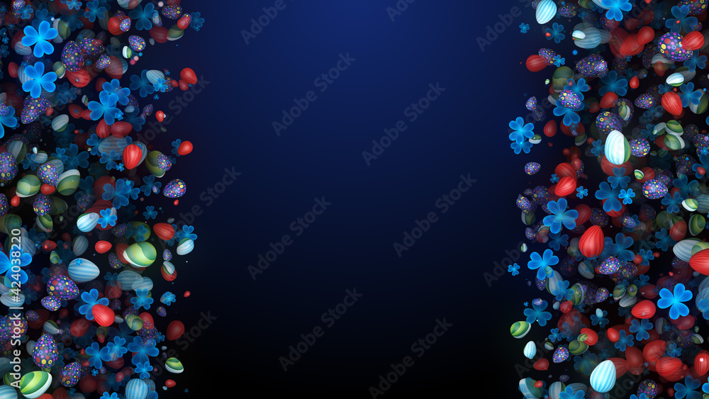 Poster abstract holiday blue colorful falling patterned easter eggs and three leaf clovers on left and righ