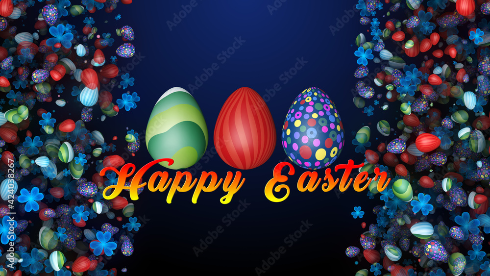 Poster happy easter lettering and 3 types patterned easter eggs amid falling easter eggs and leaf clovers b