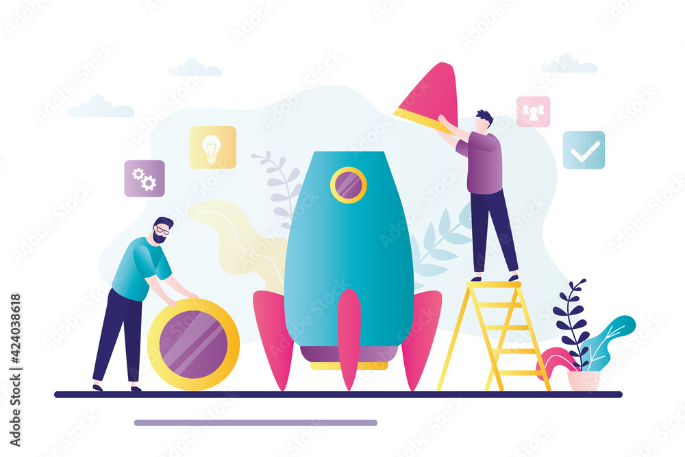 Wall mural two businessmen build rocket together. entrepreneurs preparing to launch new project. male character