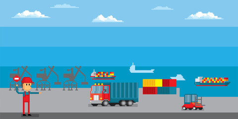 Marine port. Shipping transportation and ocean logistic. Pixel art. Old school computer graphic. 8 bit video game. Game assets 8-bit.