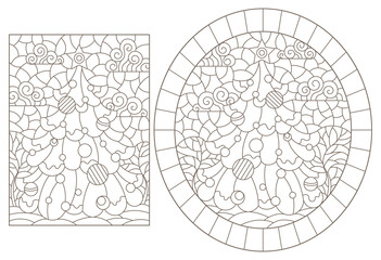 A set of contour illustrations in a stained glass style on the theme of New Year's holidays with a Christmas trees, dark outlines on a white background
