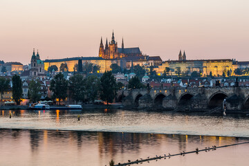 Fototapeta premium Panorama of Prague on the Vltava River, Czech Republic