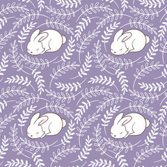 Seamless Easter pattern with floral motifs and cute baby-bunny. Vintage spring easter background. Hand drawn bunny and floral elements. Lovely delicate Easter illustration. Cute pattern for Easter.