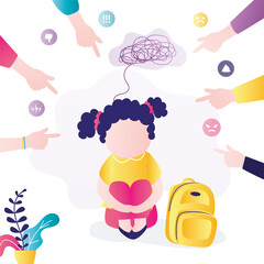 Girl sitting sad because of insults of classmates. Children point finger at upset schoolgirl. Bullying and humiliation at school or college