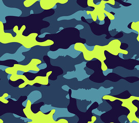 blue camouflage, yellow spots vector trendy background.