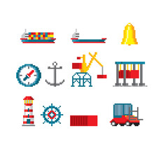 Marine port. Shipping transportation and ocean logistic. Pixel art icon set. Old school computer graphic. 8 bit video game. Game assets 8-bit.